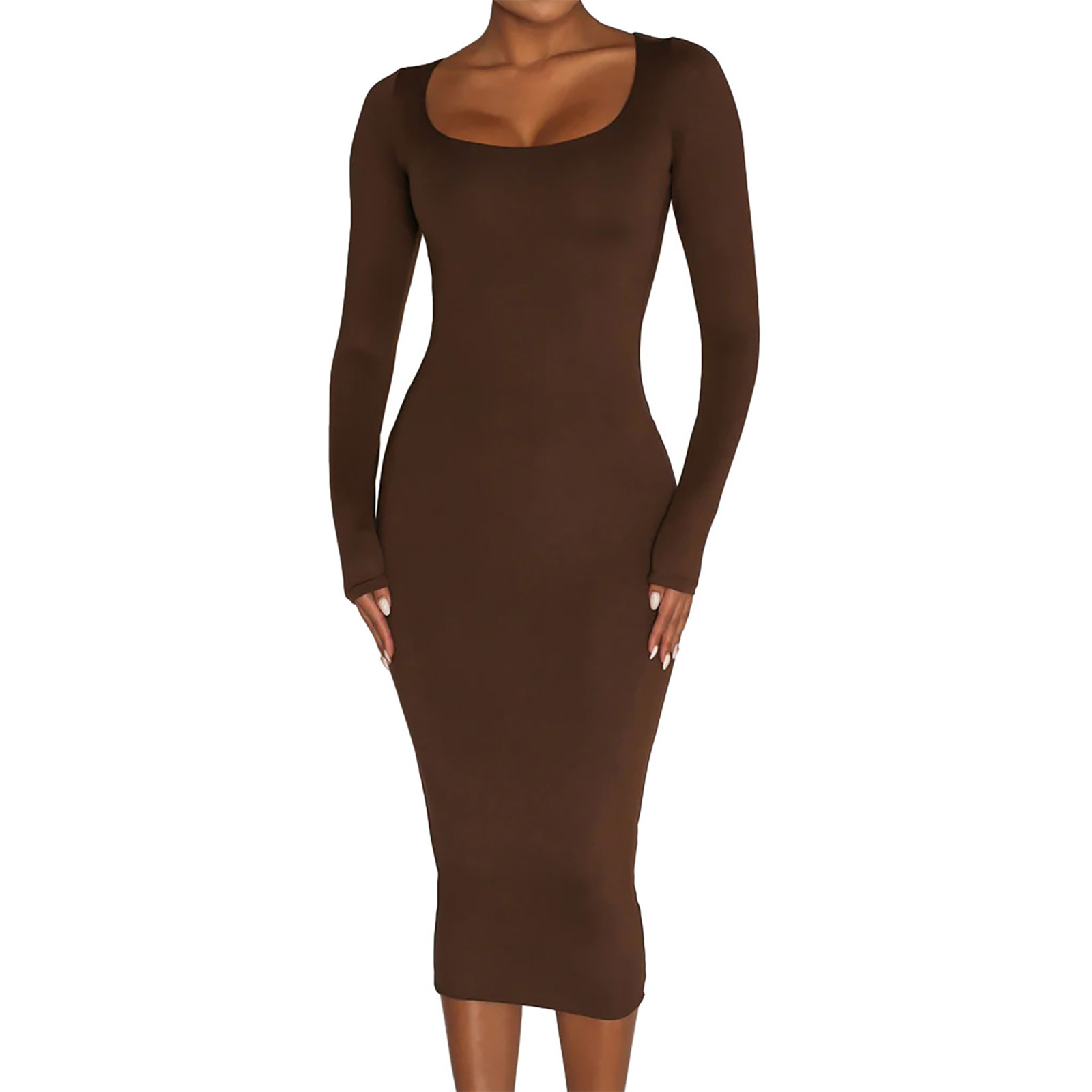 LLYwey Clearance Sales Womens Fall Dresses Solid Winter Round Neck Slim Thickened Dress Long Sleeve Round Neck Knee Length Dress New Maxi Dresses Coffee M